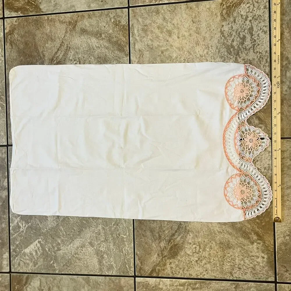Vintage Pillowcase Crochet Lace Trim Peach Cream Floral Scallop Cottage Decor